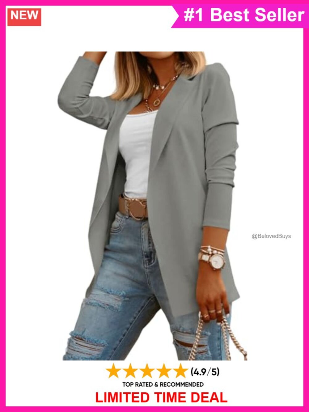 Womens Cotton Blend Long Sleeve Stretch Knit Blazer Open Front Work Office
